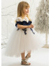 Navy Blue Velvet Lace Ivory Tulle High Low Flower Girl Dress